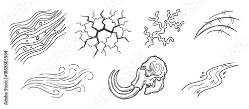 Set of hand-drawn natural element icons showing a mammoth skull, cracked earth, wind swirls, a flowing river, and abstract textures in a simple black and white sketch style