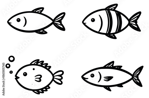 Hand drawn line art fish set featuring various cute aquatic creatures for children's designs