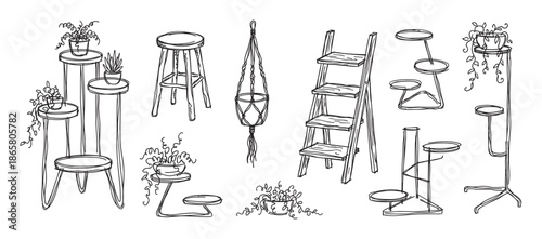 Hand-drawn plant stands and holders collection in a sketchy doodle style for home decor and interior design, featuring various furniture like stools, ladders, and macrame hangers