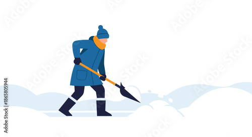 A person dressed in winter clothing is diligently shoveling fresh snow, clearing a path on a cold, bright winter day.