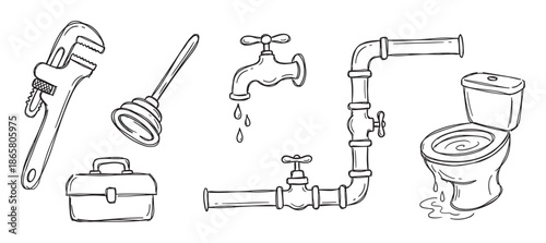Hand-drawn plumbing tools and fixtures set including a wrench, plunger, toolbox, leaking toilet, and pipes in a simple black and white doodle illustration style for repair concepts
