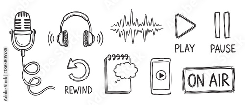 Set of hand-drawn podcast icons including a microphone, headphones, sound wave, and media player buttons in a black and white doodle style for broadcasting and streaming concepts