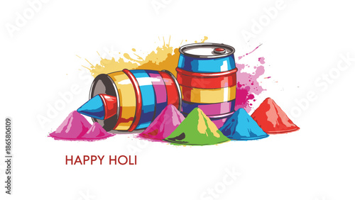 Vibrant happy holi festival celebration with colorful pits and powder