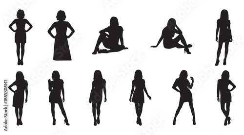 Set of modern female silhouettes in confident urban fashion poses; collection of women in mini dresses and high heels featuring walking, sitting, and standing power poses for vector design