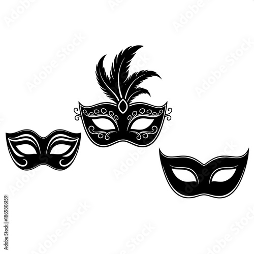 “Stylized masquerade mask set, black silhouettes on white, smooth curves, contemporary digital illustration.”