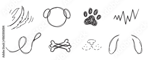 Hand-drawn doodle icons of dog-related items like a paw, bone, leash, ears, and nose in a minimalist black line art scribble style for veterinary or pet care concepts