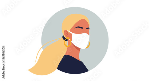 A modern flat illustration depicts a woman with blonde hair, gold earrings, and a white face mask, looking to the side.