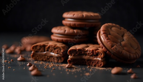 Close-up chocolate cream biscuits on dark background. Brown crispy cookies with creamy chocolate filling, delicious sweet dessert, perfect for snack or confectionery concept.