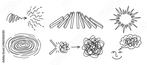Set of hand-drawn black doodle icons representing chaos, confusion, stress, and complex thought processes with dominoes, tangled lines, and scribbles