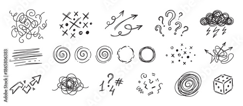 Collection of hand-drawn black sketch icons representing concepts of chaos, confusion, and thought processes with tangled lines, arrows, question marks, and abstract scribbles