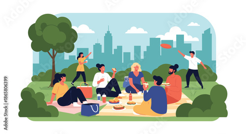 A group of diverse friends enjoys a summer picnic in a lush urban park, sharing food, laughter, and playing frisbee against a city skyline.