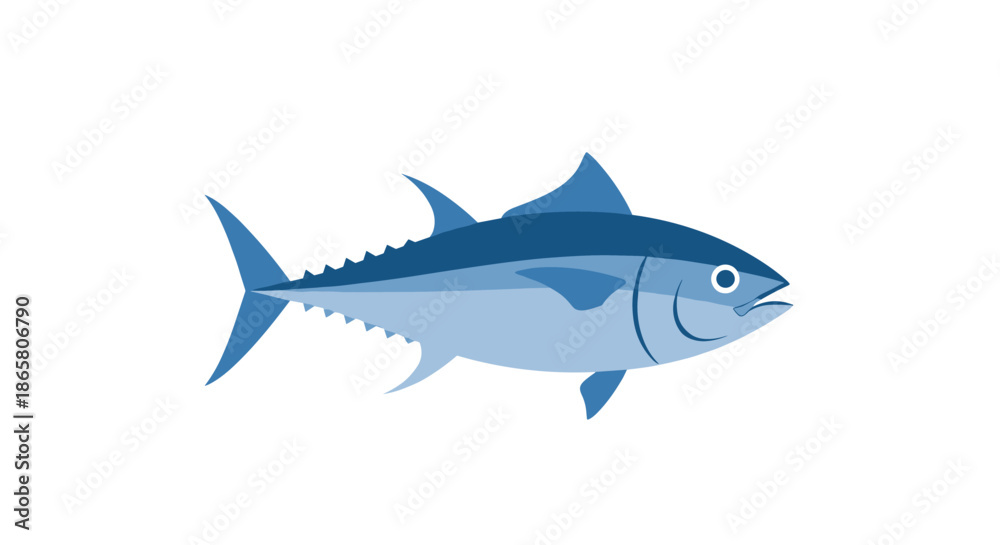 Obraz premium A colorful, stylized illustration of a blue tuna fish with distinct fins and finlets, swimming in profile against a clean white background.