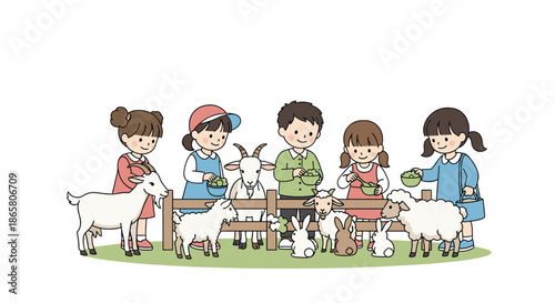 A group of cheerful children enjoying a day at the farm, feeding friendly goats, sheep, and rabbits through a wooden fence.