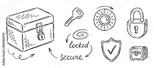 Hand drawn black and white doodle set of security icons including a locked chest, padlock, key, and shield for concepts of safety and protection, sketched in a simple line art style