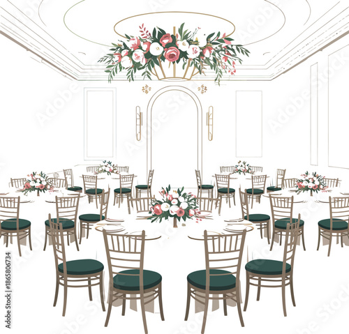 Elegant Banquet Hall Vector with Floral Tables, Green Cushioned Chairs, Hanging Arrangement, and Ornate Architectural Decoration.