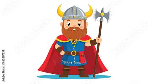 Cartoon Viking Warrior with Axe and Horned Helmet Illustration.