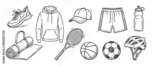 Hand-drawn collection of sports equipment and apparel in a black and white sketch style, featuring a sneaker, hoodie, cap, racket, balls, helmet, and fitness accessories