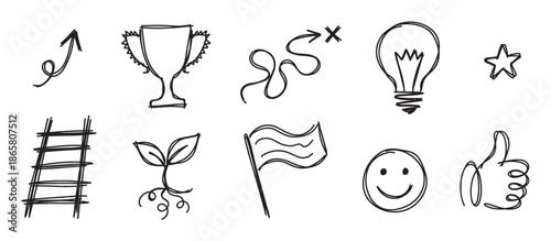 Hand-drawn doodle icons set representing business success, growth, ideas, and achievement, featuring sketchy minimalist symbols like a trophy, lightbulb, arrow, and ladder