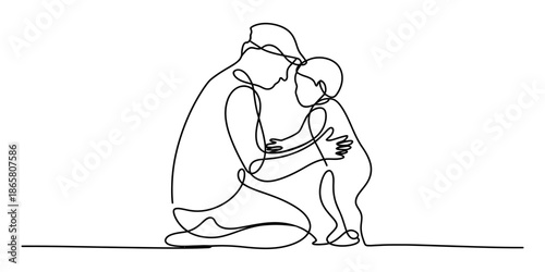 A beautiful continuous line drawing capturing the tender moment of a mother embracing her child