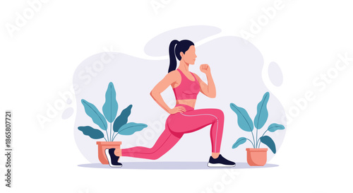 A woman in pink athletic wear performing a lunging exercise in a room with plants.