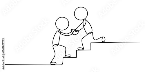 One stick figure helping another stick figure climb the stairs with assistance and support