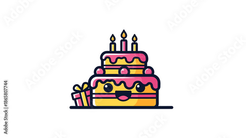 Cute Kawaii Birthday Cake with Candles and Gift Box.