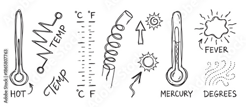 Hand-drawn set of temperature related icons showing thermometers, suns, and fever symbols in a black and white sketch style for illustrating weather and health concepts