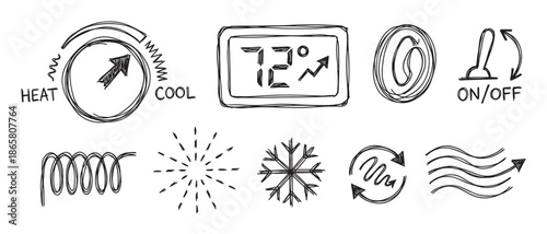 Hand-drawn heating and air conditioning icons set featuring a thermostat dial, digital display, snowflake, and airflow symbols in a black and white sketch doodle style
