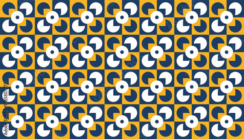 Seamless abstract pattern featuring rotating geometric motifs. Colorful geometric background with repeating circular and angular forms