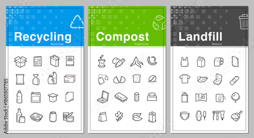 Ready sets of icons for separating waste on trash, compost, recycle. Vector elements are made with high contrast, well suited to different scales. Ready for use in your design. EPS10.