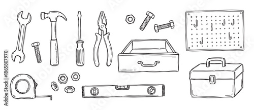 Hand-drawn black and white collection of workshop tools including a hammer, screwdriver, wrench, and toolbox in a simple doodle sketch style for DIY and repair concepts