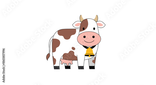 A cartoon cow with brown spots and a bell around its neck stands on a white background.