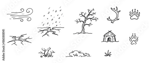 Collection of hand-drawn black and white doodles representing nature, weather, and wilderness themes like wind, drought, a leafless tree, animal tracks, an antler, and a hut