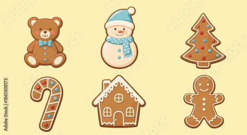 Cute Christmas gingerbread cookies set with snowman teddy bear candy cane and festive holiday dessert icons