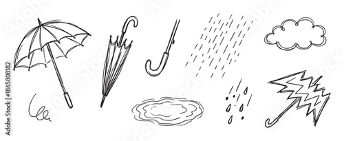 Collection of hand-drawn black weather doodles featuring an umbrella, cloud, rain, puddle, and lightning in a simple minimalist line art style for forecast concepts