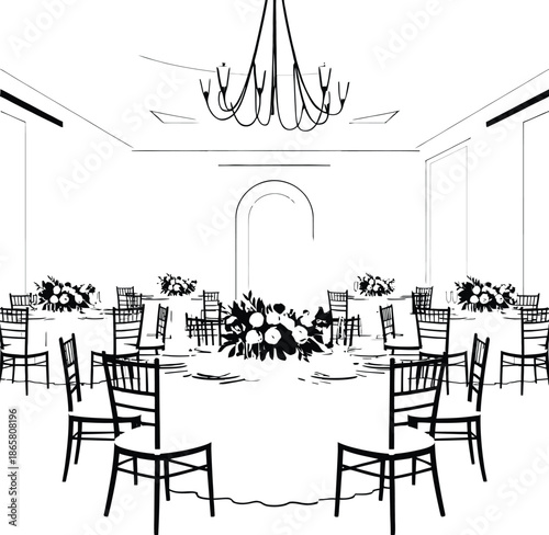  Elegant Banquet Hall Vector with Round Tables, Floral Centerpieces, Chandelier, and Classic Architectural Details