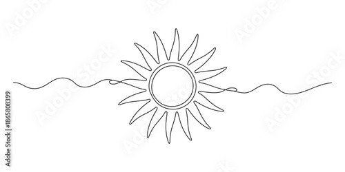 Single continuous line art drawing of the sun with wavy lines on both sides, isolated on white