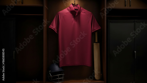 A red shirt hangs in a locker alongside a cricket bat and helmet in a dimly lit locker room.