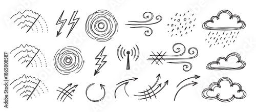 Hand-drawn weather and disaster doodle icons set featuring a collection of sketched symbols like lightning, wind, clouds, rain, hurricane, and arrows in a simple black line art style