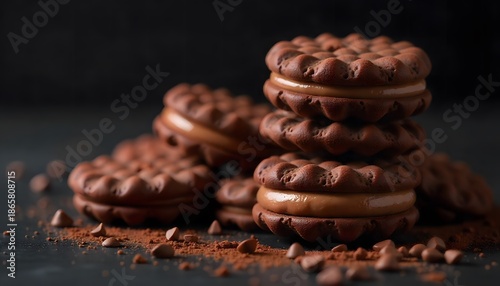 Close-up chocolate cream biscuits on dark background. Brown crispy cookies with creamy chocolate filling, delicious sweet dessert, perfect for snack or confectionery concept.