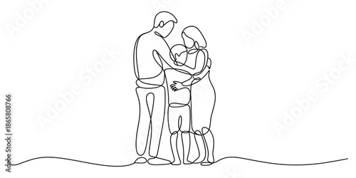 Continuous line drawing of a loving family embracing each other