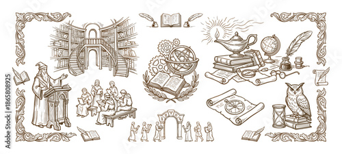 Collection of vintage hand-drawn illustrations depicting ancient knowledge, education, and science, featuring a library, scholar, owl, globe, and scrolls in a detailed engraving style