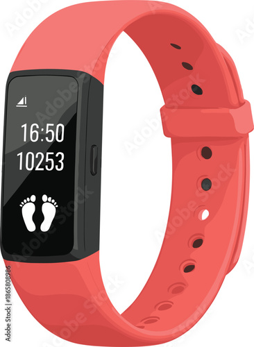 Red smart fitness band vector illustration with digital step counter screen modern wearable health tracking device