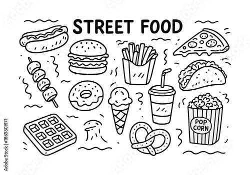 Street food doodles: hotdog, pizza, burger, fries, pretzel, popcorn, tacos, ice cream, donut