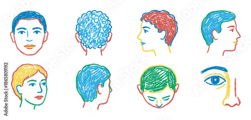 Colorful set of hand-drawn human head illustrations showing diverse people from different angles in a playful, childlike crayon sketch style