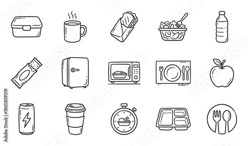 Collection of hand-drawn lunch break icons in a minimalist black line art style, featuring a lunchbox, coffee cup, salad, microwave, and other food to go elements