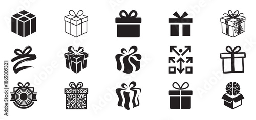 Diverse set of black gift box vector icons featuring various artistic styles including silhouette, line art, hand-drawn sketch, and abstract geometric shapes for celebration concepts