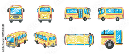 Collection of yellow school bus illustrations in a cute, hand-drawn crayon style, showing the vehicle from multiple angles including front, back, side, and top views