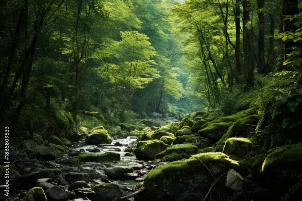 Fototapeta premium Lush green forest showing a tranquil stream with sun rays illuminating mossy rocks