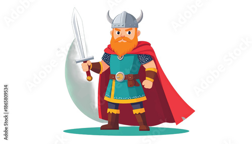 Cartoon Viking Warrior with Sword and Red Beard.